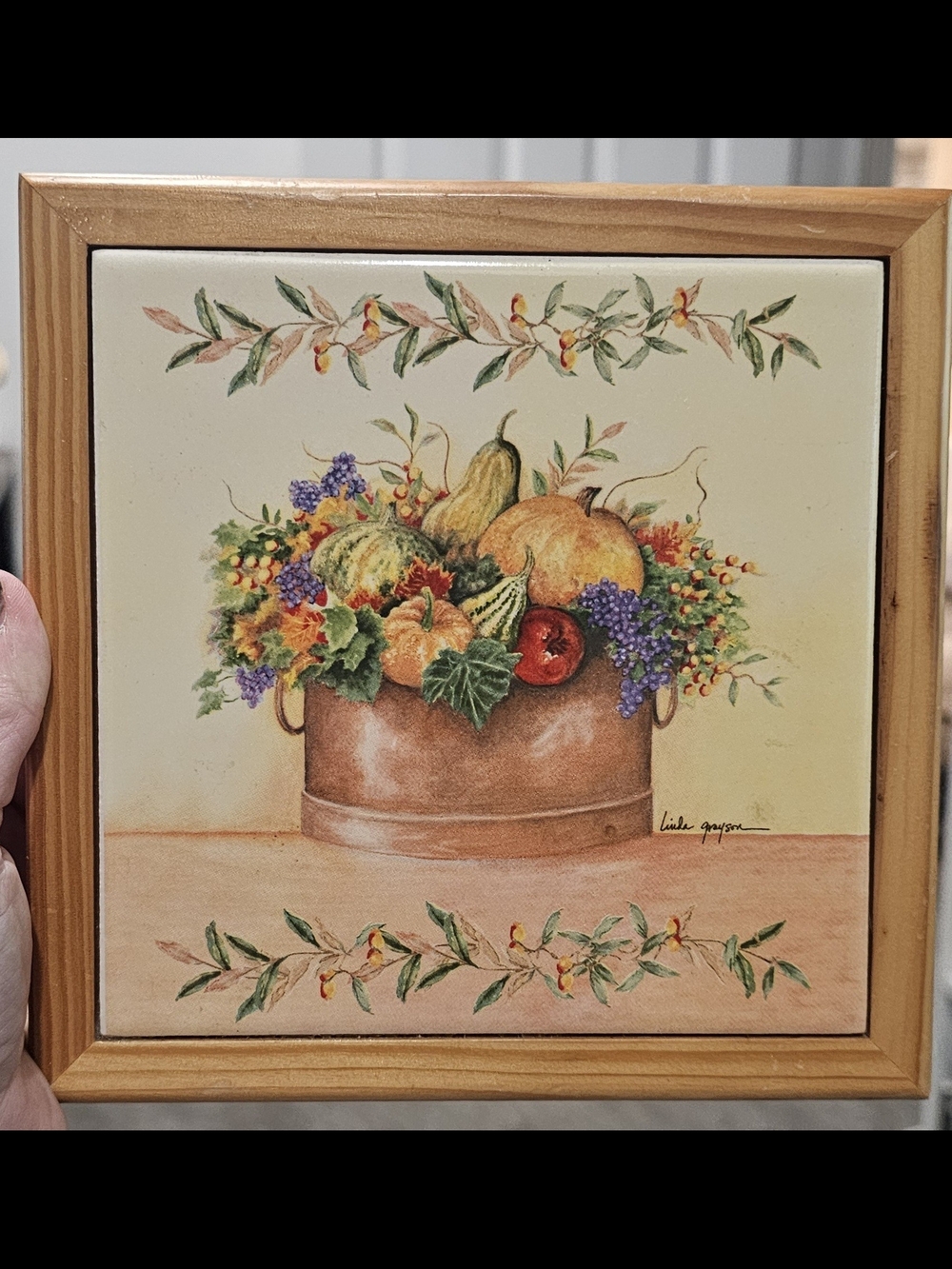Harvest Copper Pot Tile Art Print - Brown, Green & Purple